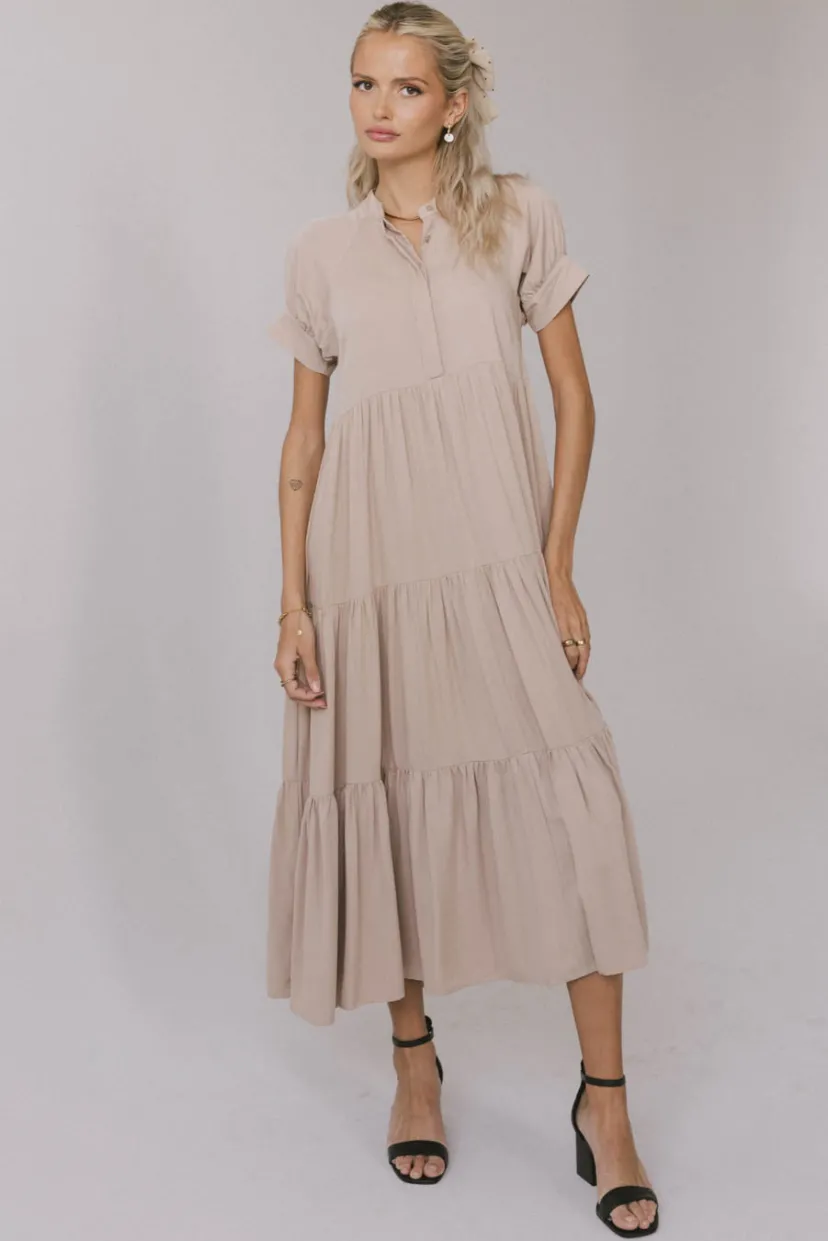 Dresses | Midi Dresses>Bohme Amanda Tiered Dress in Tan