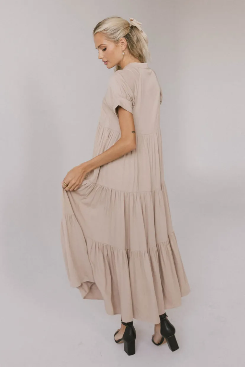 Dresses | Midi Dresses>Bohme Amanda Tiered Dress in Tan