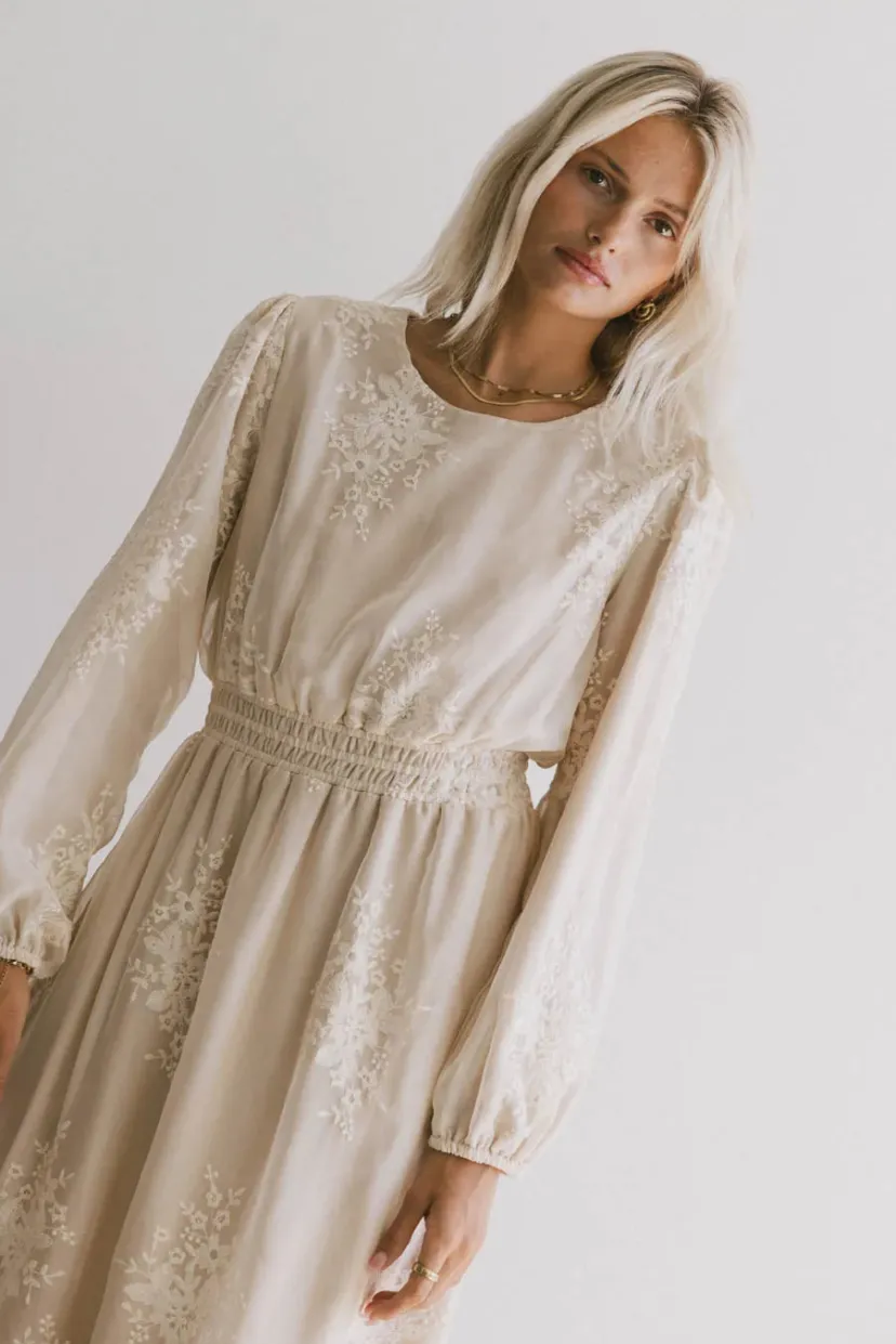 Dresses | Midi Dresses>Bohme Andee Embroidered Midi Dress in Champagne