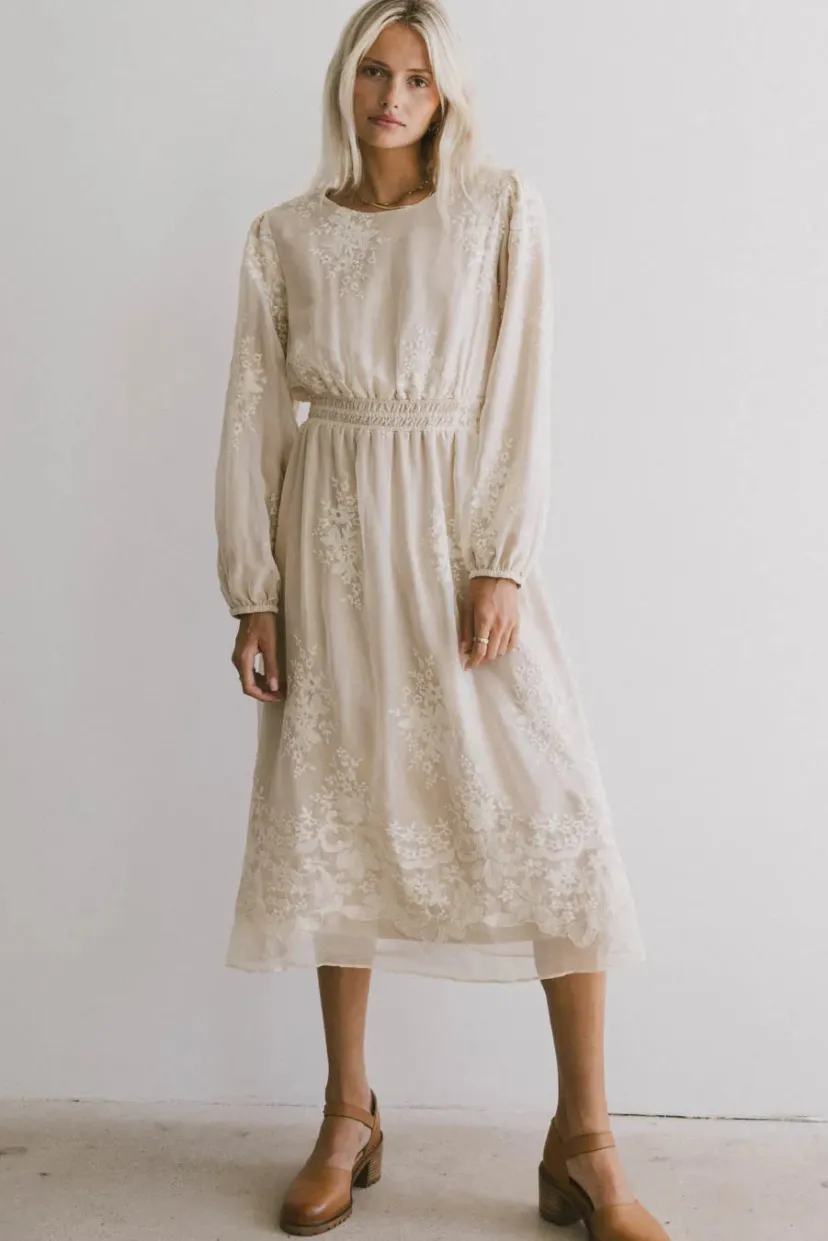 Dresses | Midi Dresses>Bohme Andee Embroidered Midi Dress in Champagne