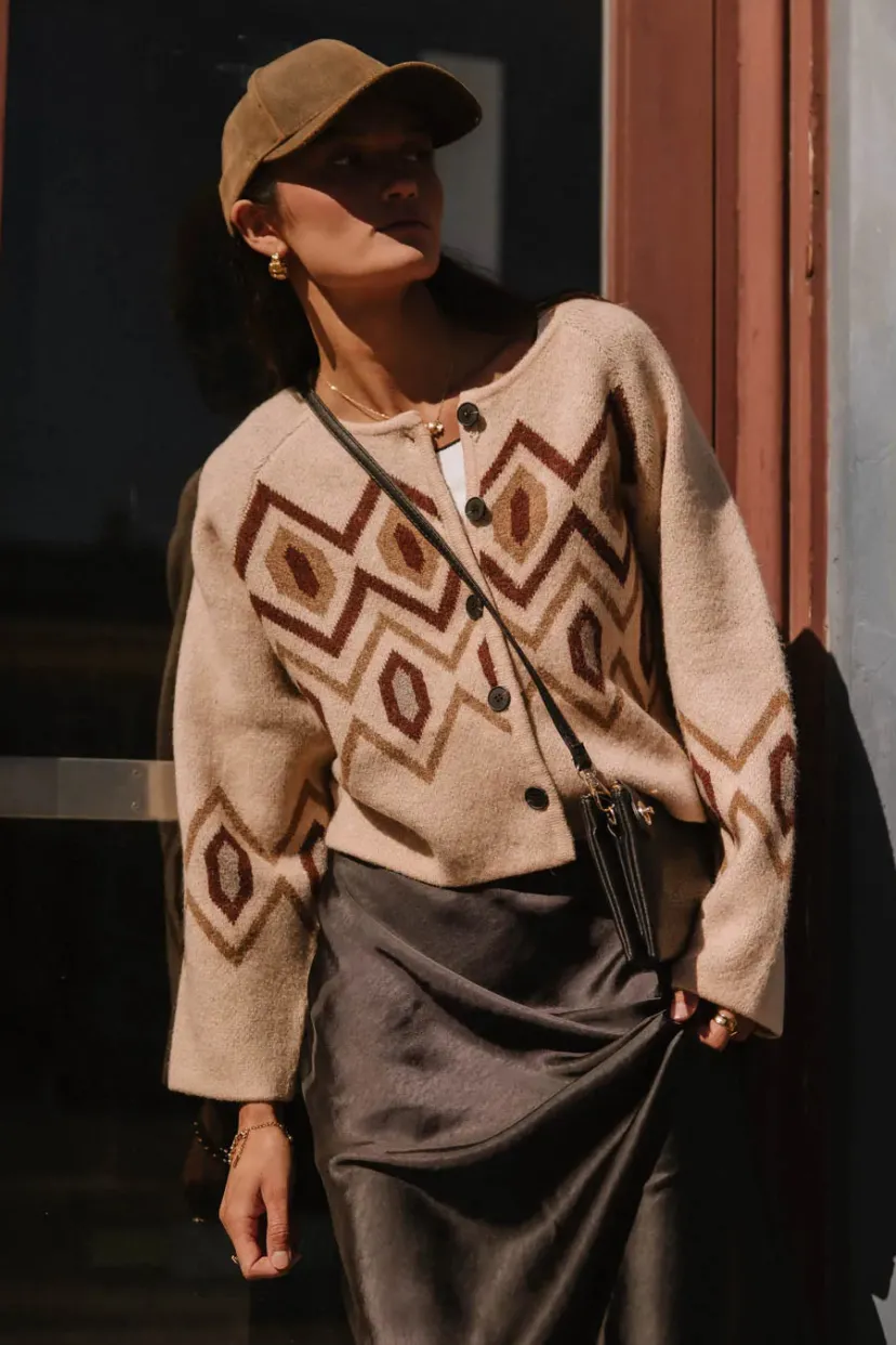 Tops>Bohme Angelica Geometric Cardigan in Tan