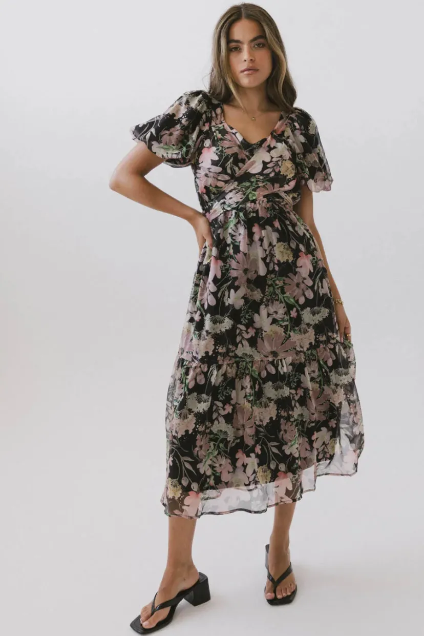 Dresses | Midi Dresses>Bohme Angelique Floral Tie Dress in Black