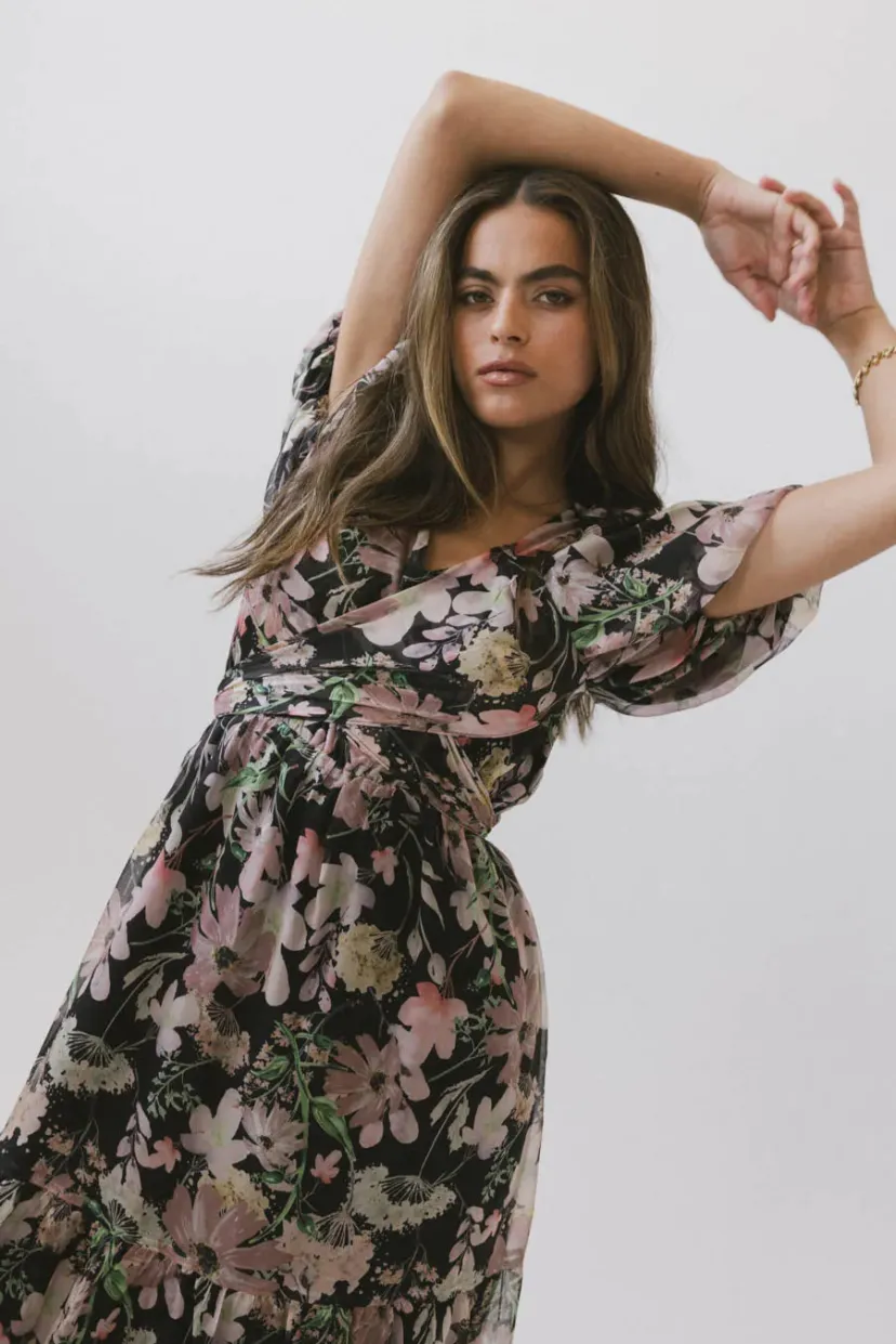 Dresses | Midi Dresses>Bohme Angelique Floral Tie Dress in Black