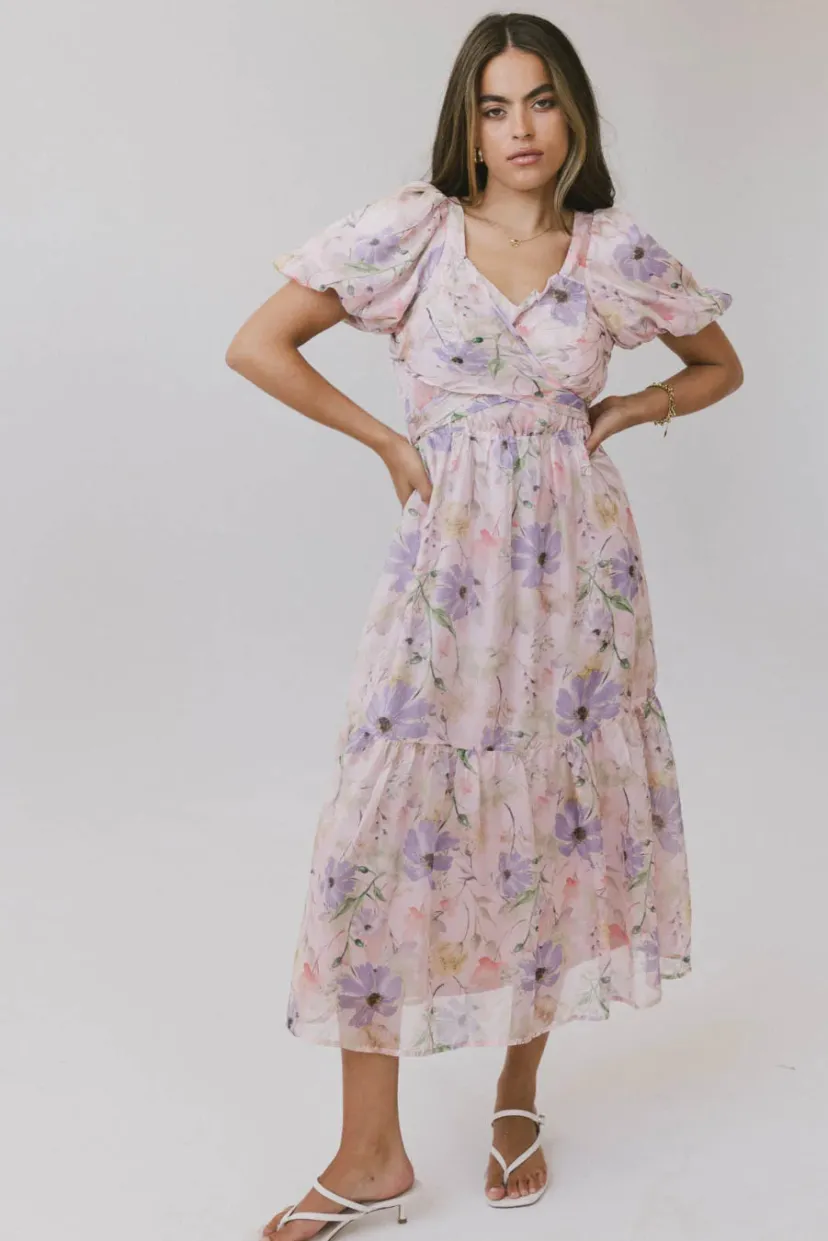 Dresses | Midi Dresses>Bohme Angelique Floral Tie Dress in Pink