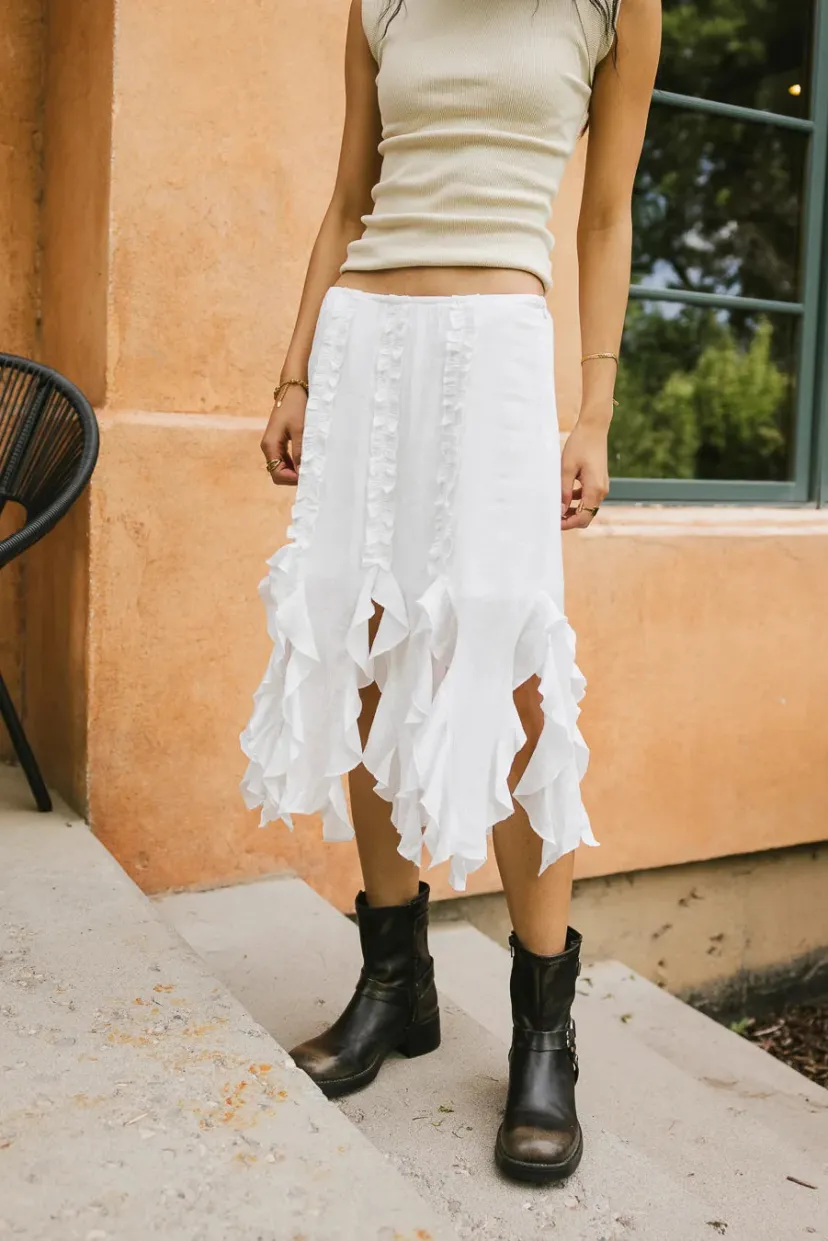 Skirts | All Bottoms>Bohme Arista Ruffled Midi Skirt in White