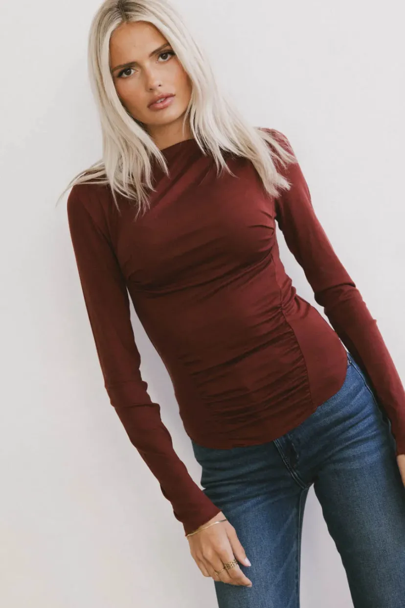 Tops | Essentials>Bohme Bianca Ruched Top in Burgundy