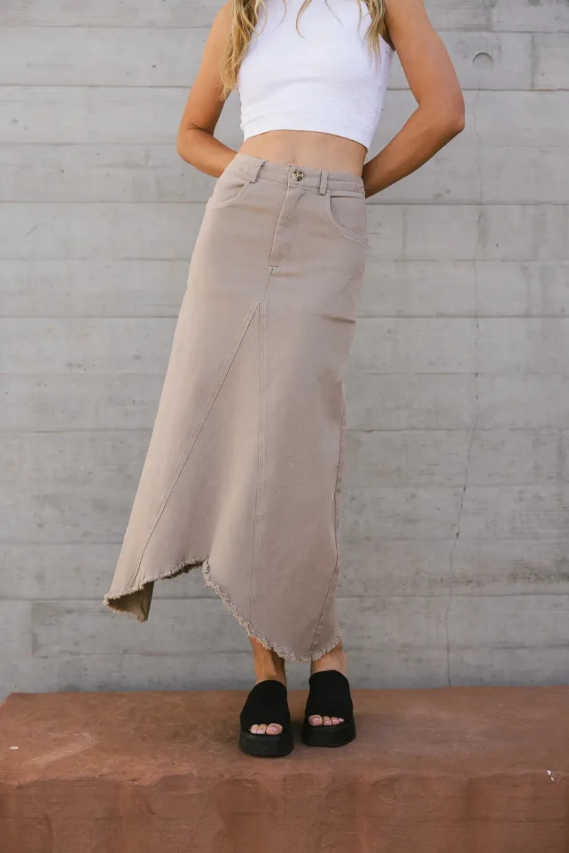 Skirts | All Bottoms>Bohme Blythe Denim Skirt in Taupe