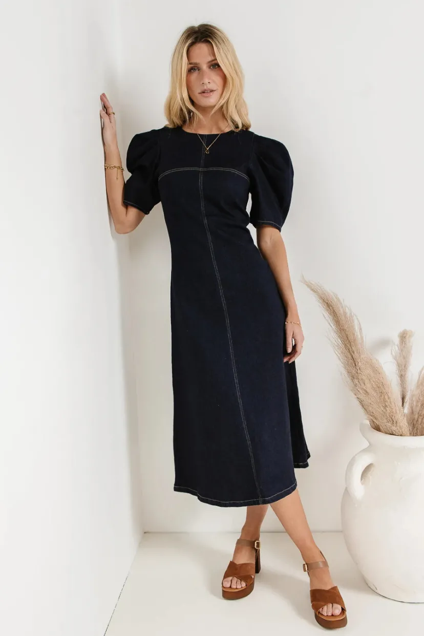 Dresses | Midi Dresses>Bohme Campbell Dress in Dark Wash Denim