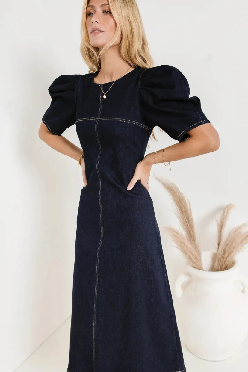 Dresses | Midi Dresses>Bohme Campbell Dress in Dark Wash Denim