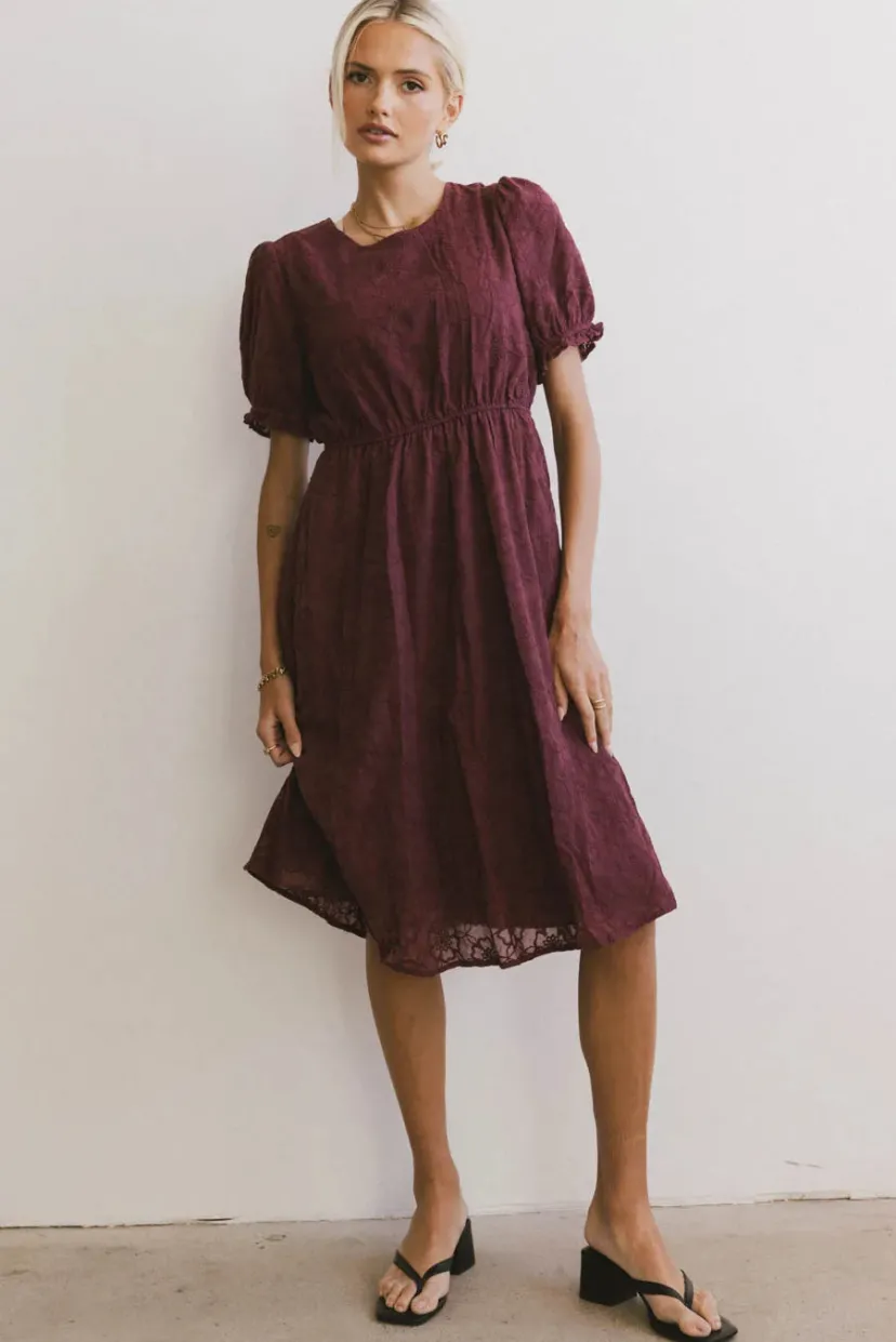 Dresses | Midi Dresses>Bohme Cecy Embroidered Midi Dress in Burgundy