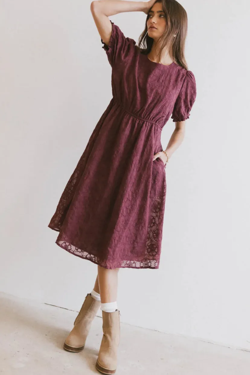 Dresses | Midi Dresses>Bohme Cecy Embroidered Midi Dress in Burgundy