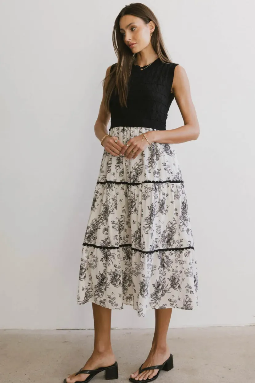 Dresses | Midi Dresses>Bohme Cherney Tiered Floral Dress in Black