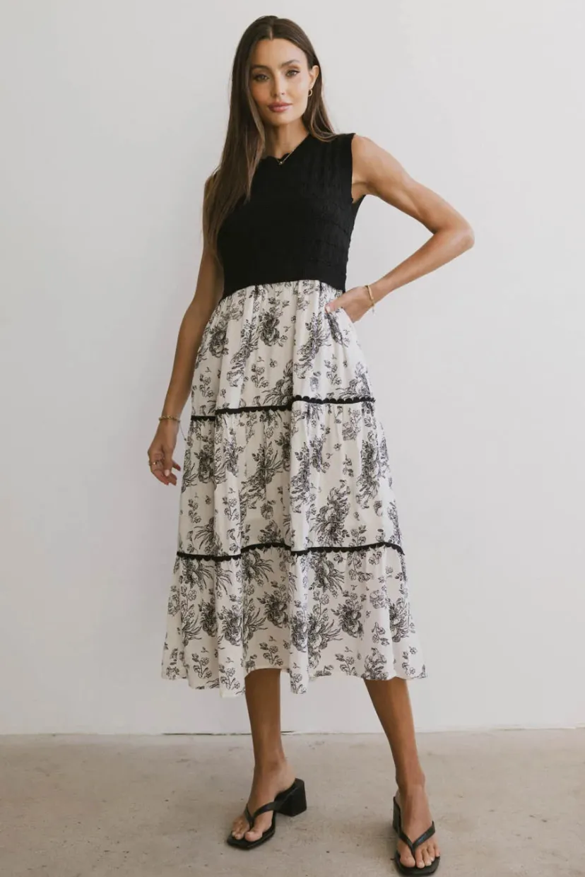 Dresses | Midi Dresses>Bohme Cherney Tiered Floral Dress in Black