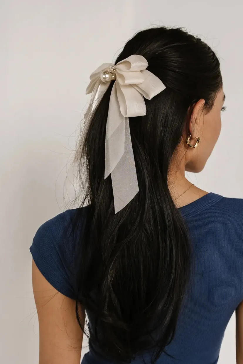 Hair Accessories>Bohme Chiffon Bow Hair Clip in Champagne