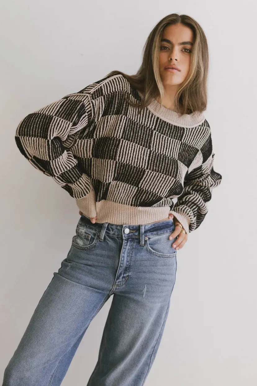 Tops | Sweaters>Bohme Cielo Checkered Sweater in Taupe