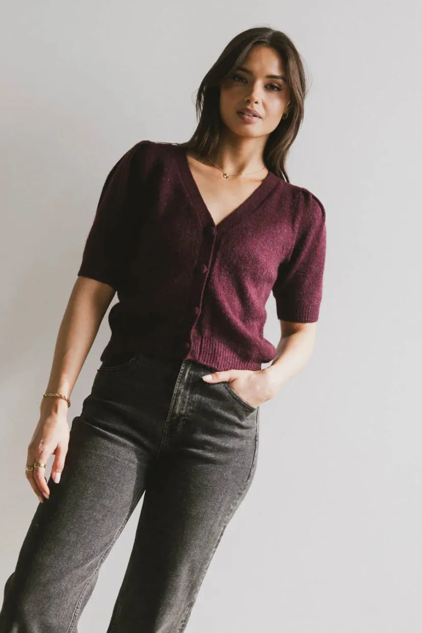 Tops | Sweaters>Bohme Colletta Short Sleeve Cardigan in Wine