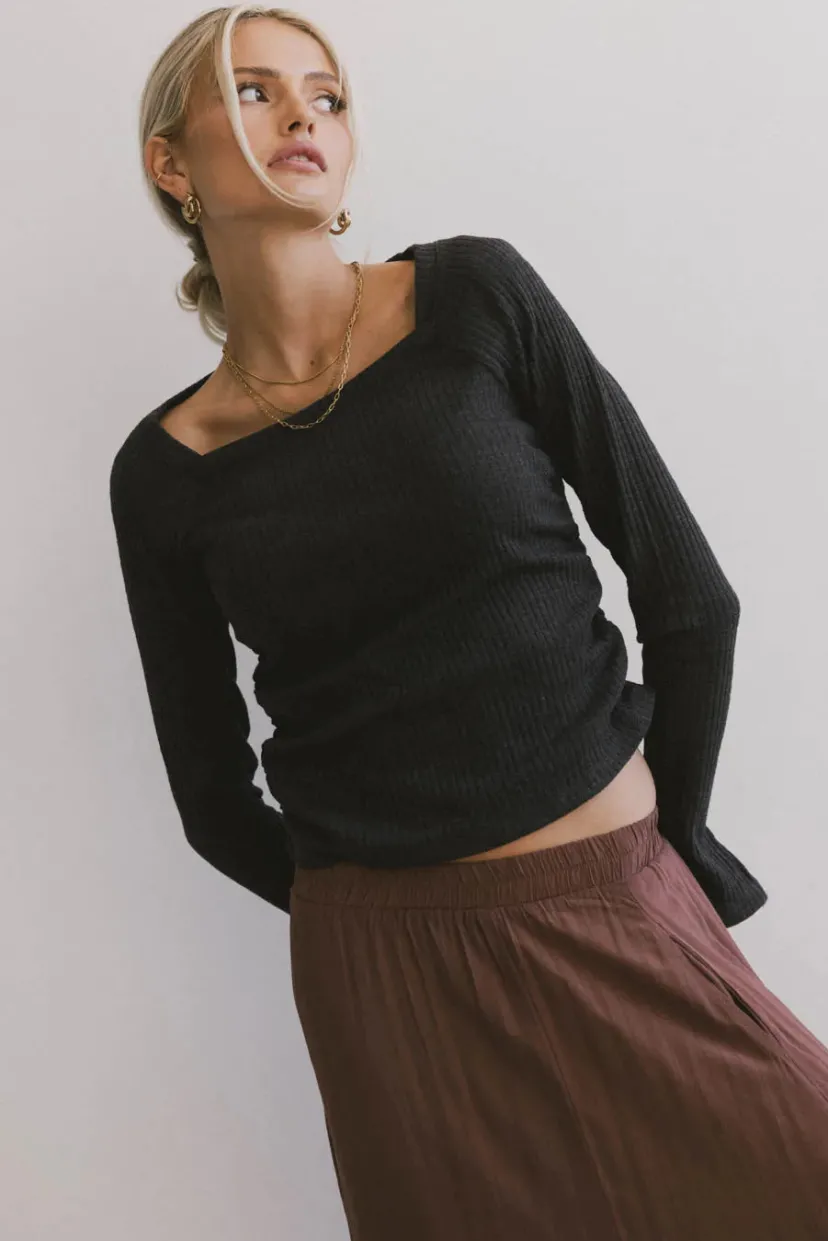 Tops | Essentials>Bohme Cosette Ribbed Ruched Top in Charcoal