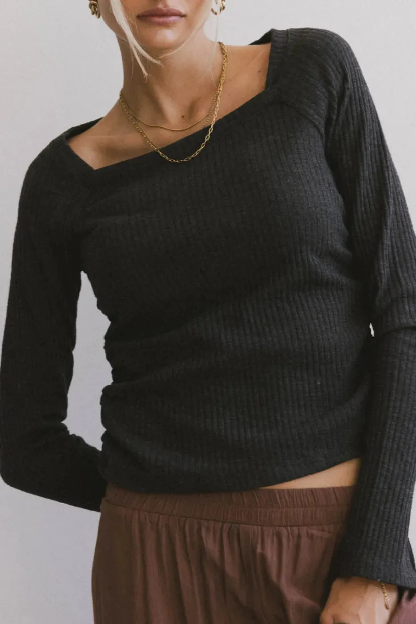 Tops | Essentials>Bohme Cosette Ribbed Ruched Top in Charcoal