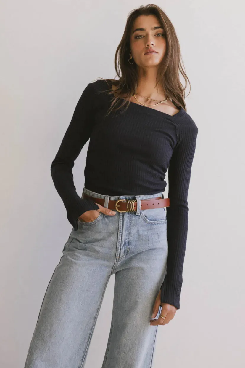 Tops | Essentials>Bohme Cosette Ribbed Ruched Top in Navy