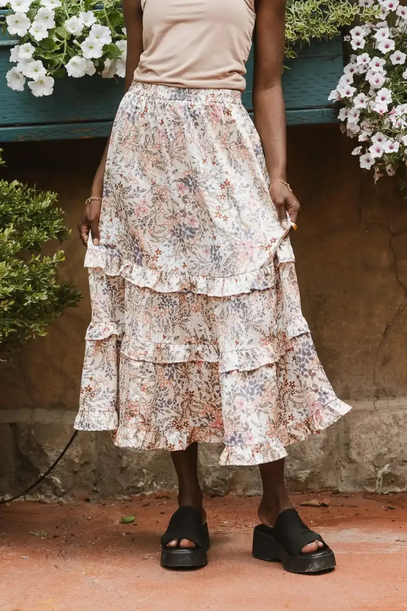 Skirts | All Bottoms>Bohme Dimitria Floral Midi Skirt in Sand