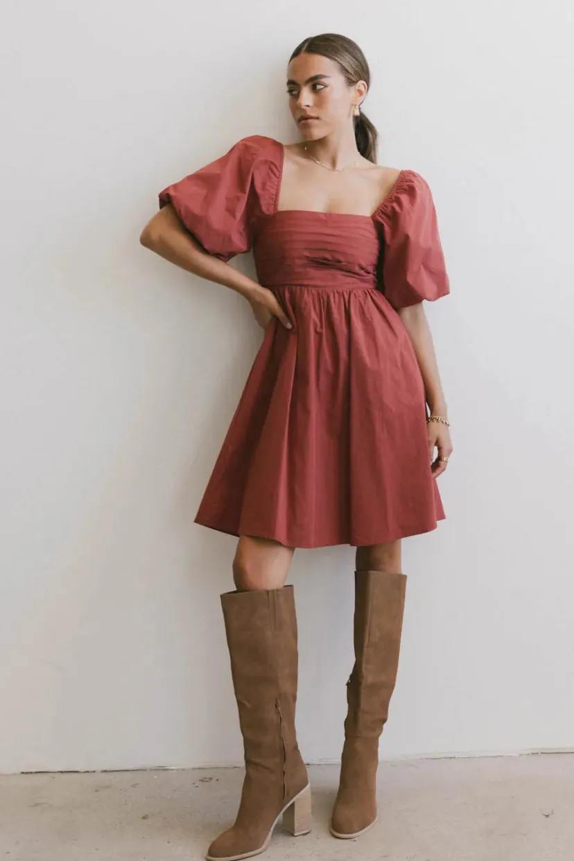 Dresses | Mini Dresses>Bohme Dinah Pleated Mini Dress in Rust