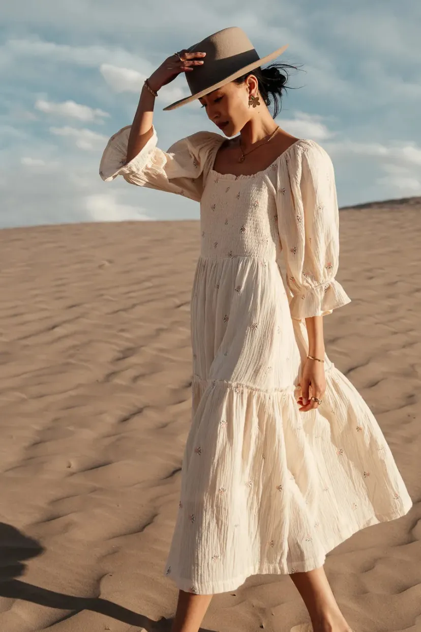 Dresses>Bohme Ditsy Floral Embroidered Dress in Cream