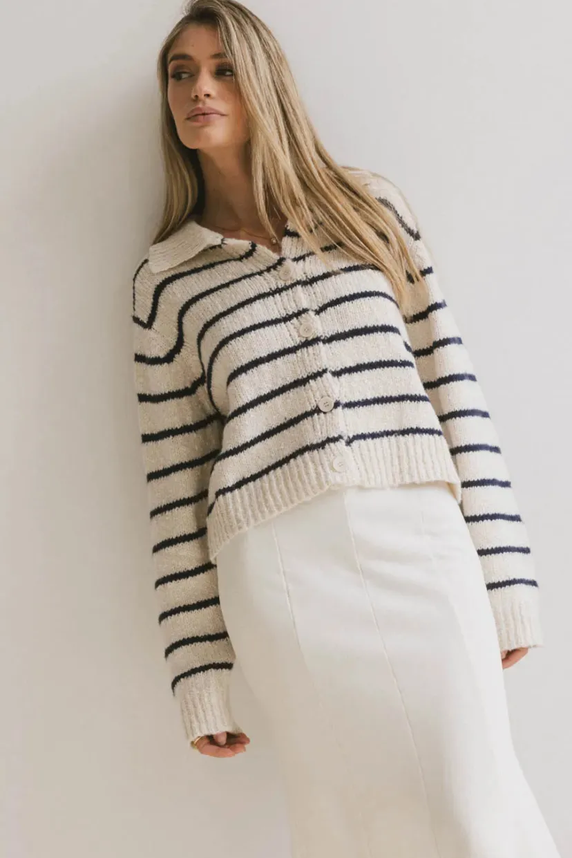 Tops | Sweaters>Bohme Dolly Striped Knit Cardigan in Navy