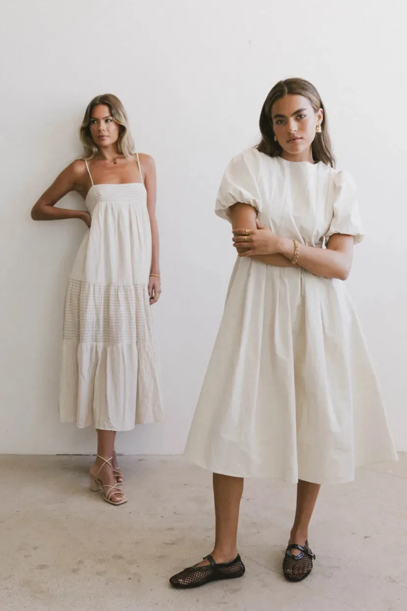 Dresses | Midi Dresses>Bohme Eliana Pleated Midi Dress in Cream