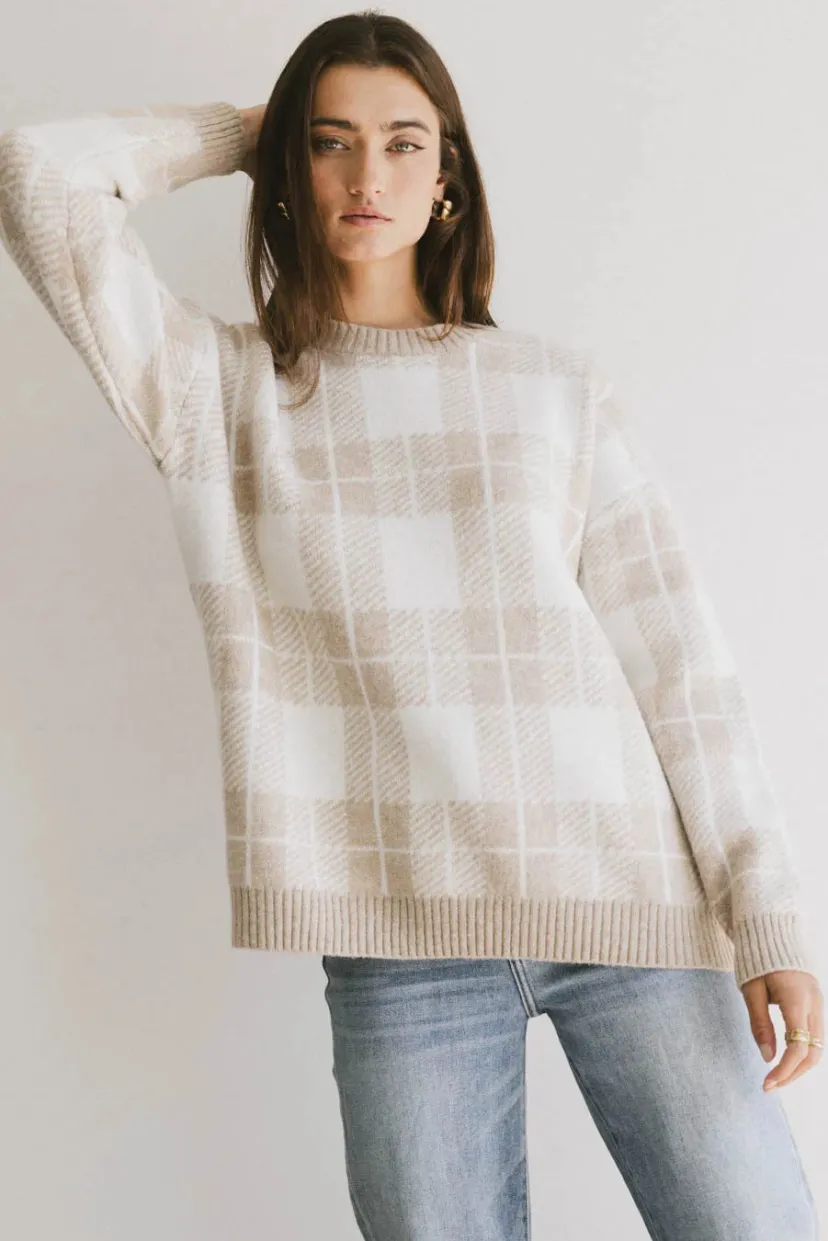 Tops | Sweaters>Bohme Emilee Plaid Sweater Taupe