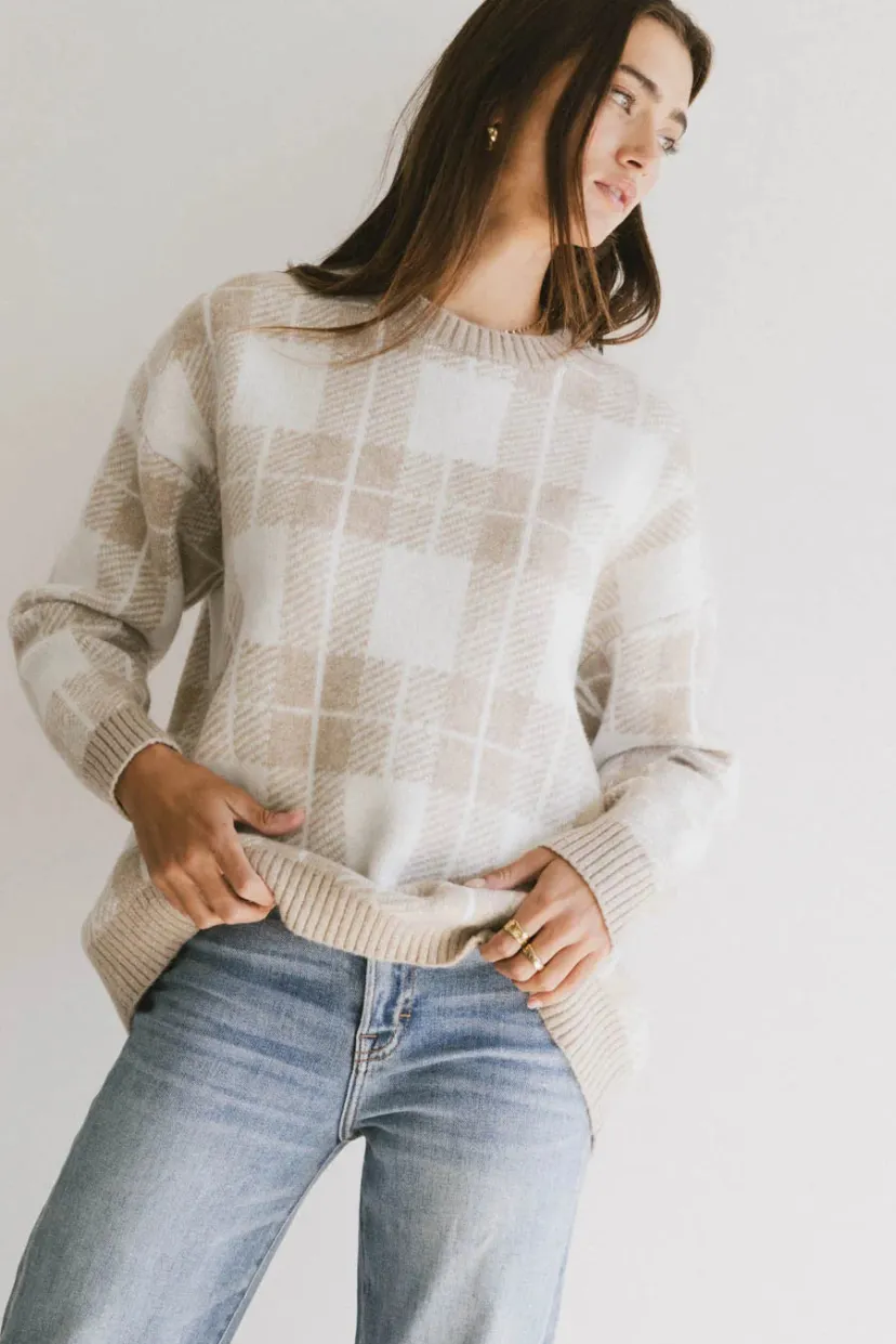 Tops | Sweaters>Bohme Emilee Plaid Sweater Taupe