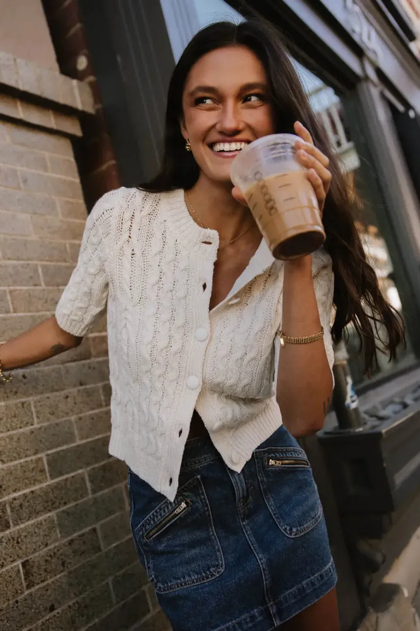 Tops | Cardigans>Bohme Erika Cable Knit Cardigan in Ivory