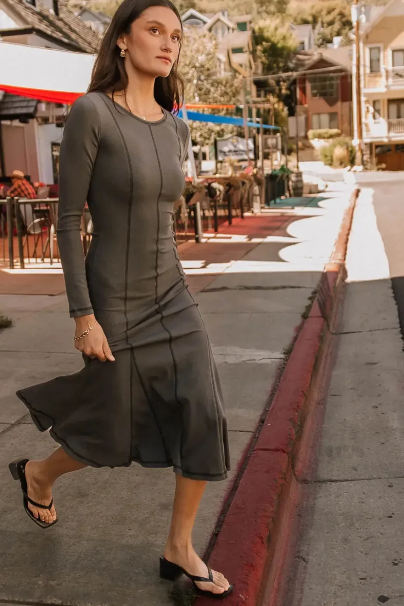 Dresses>Bohme Fiona Ribbed Godet Dress in Charcoal