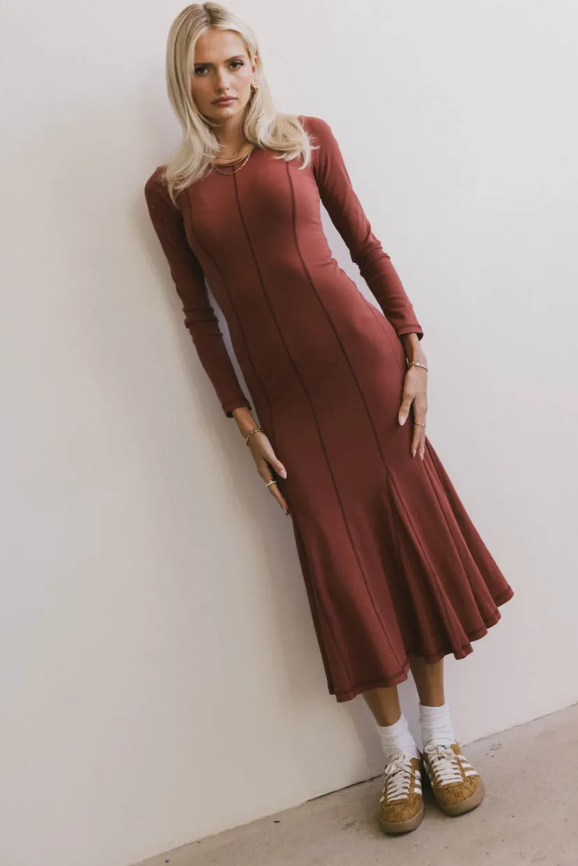 Dresses | Midi Dresses>Bohme Fiona Ribbed Godet Dress in Rust