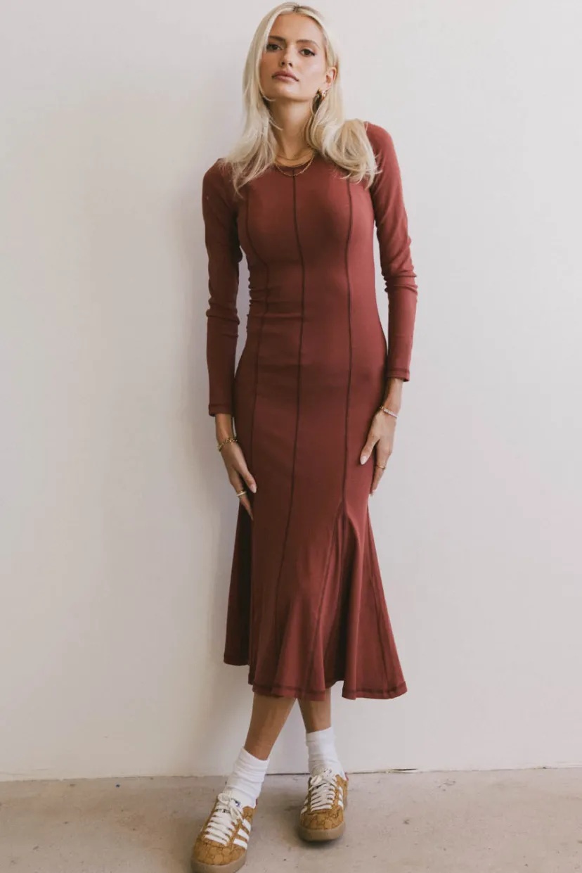 Dresses | Midi Dresses>Bohme Fiona Ribbed Godet Dress in Rust