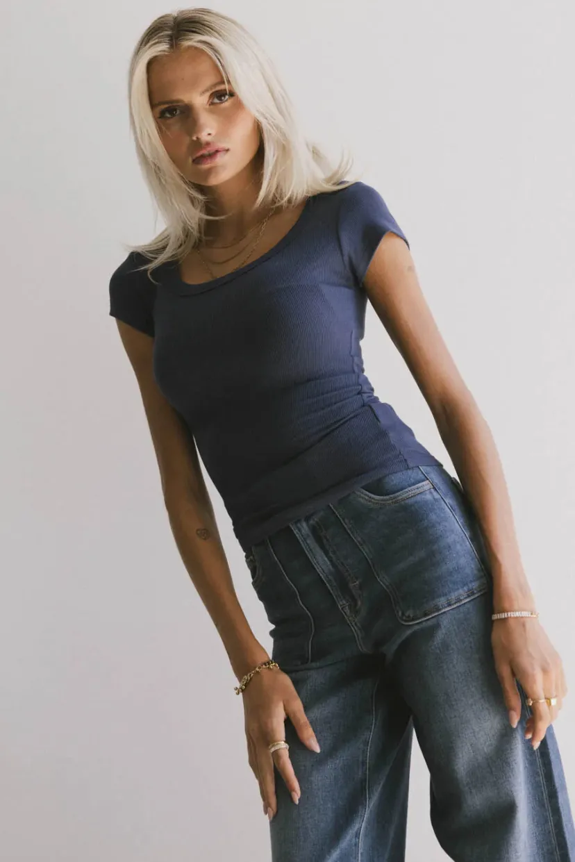 Tops | Essentials>Bohme Freya Ribbed Top in Navy