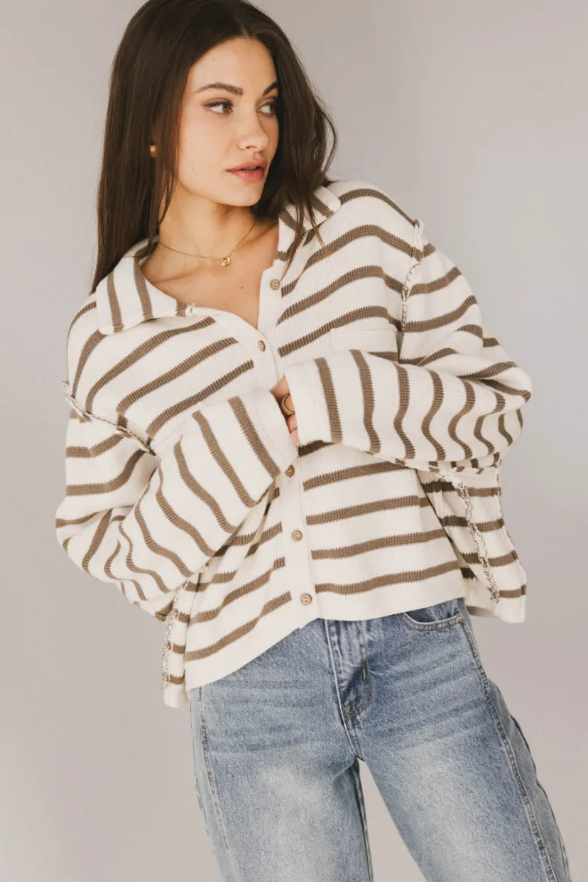 Tops | Sweaters>Bohme Harper Striped Cardigan in Olive