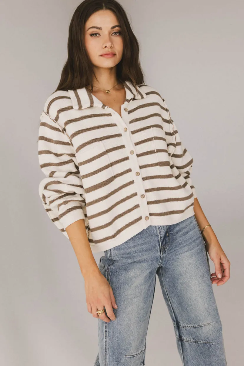 Tops | Sweaters>Bohme Harper Striped Cardigan in Olive