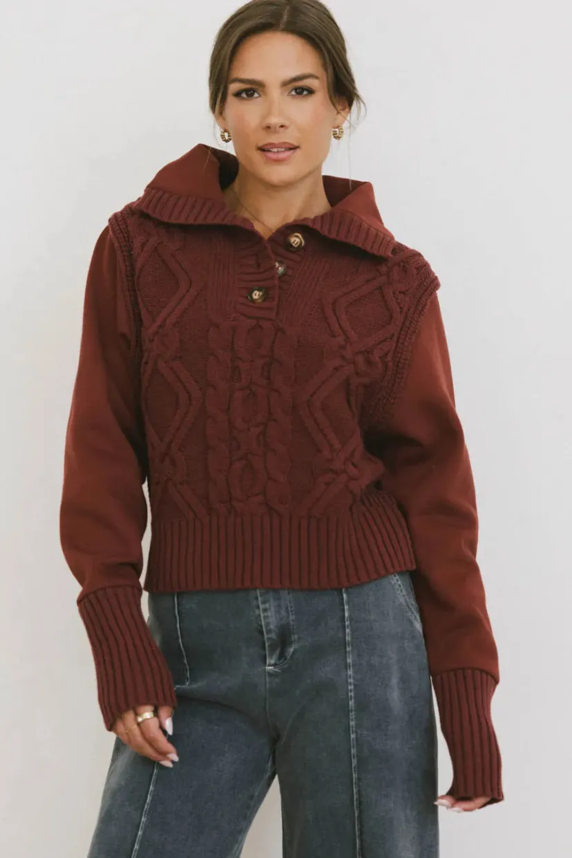 Tops | Sweaters>Bohme Irene Cable Knit Sweater in Burgundy