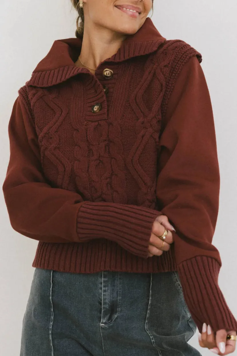 Tops | Sweaters>Bohme Irene Cable Knit Sweater in Burgundy