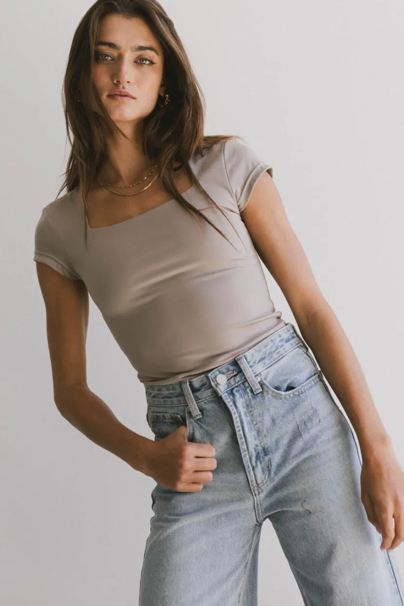 Tops | Essentials>Bohme Irene Square Neck Top in Taupe