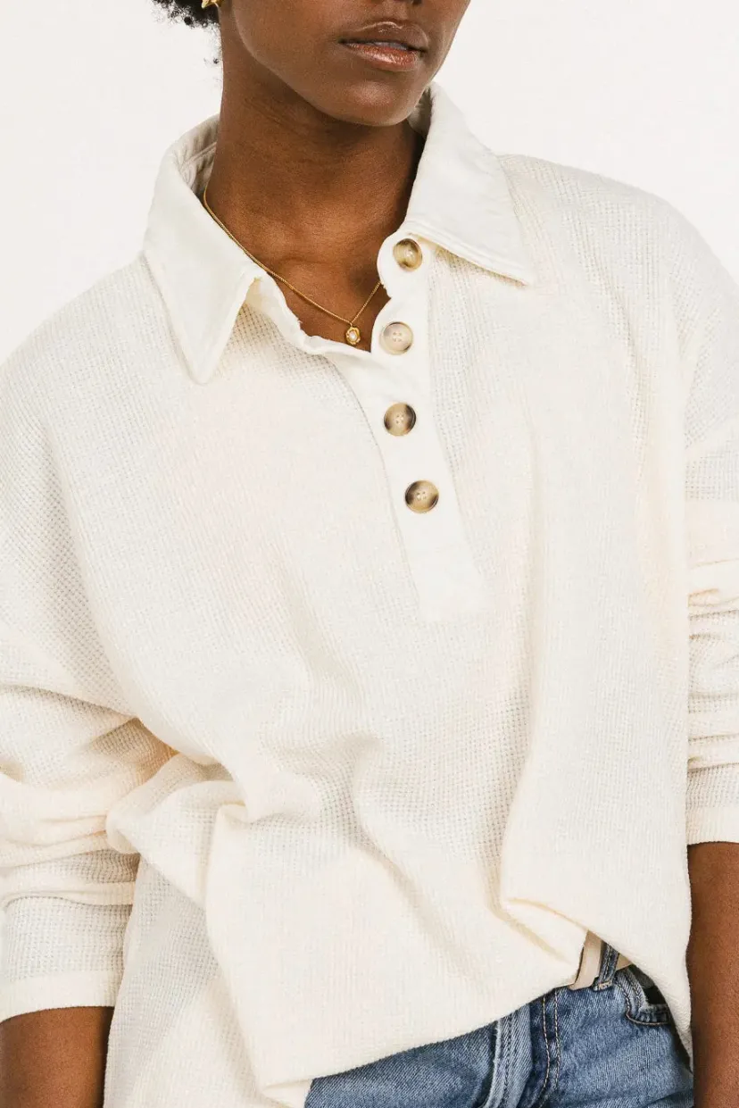 Tops | Tees & Tanks>Bohme Isabelle Waffle Knit Henley Top in Cream