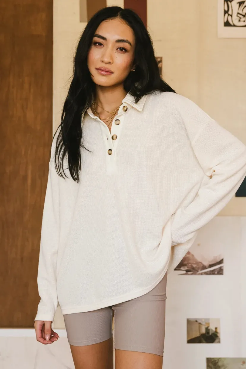 Tops | Tees & Tanks>Bohme Isabelle Waffle Knit Henley Top in Cream