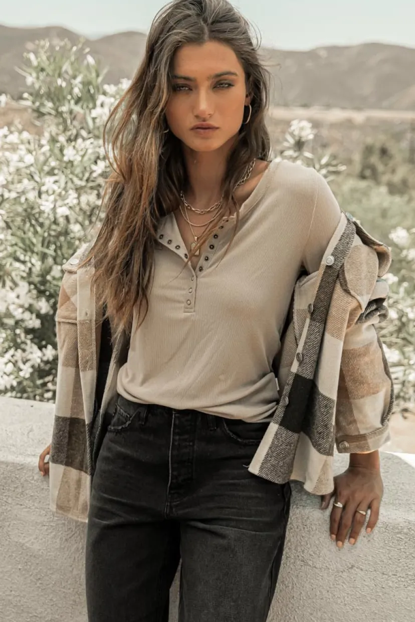 Tops | Essentials>Bohme Ivanna Henley Top in Taupe