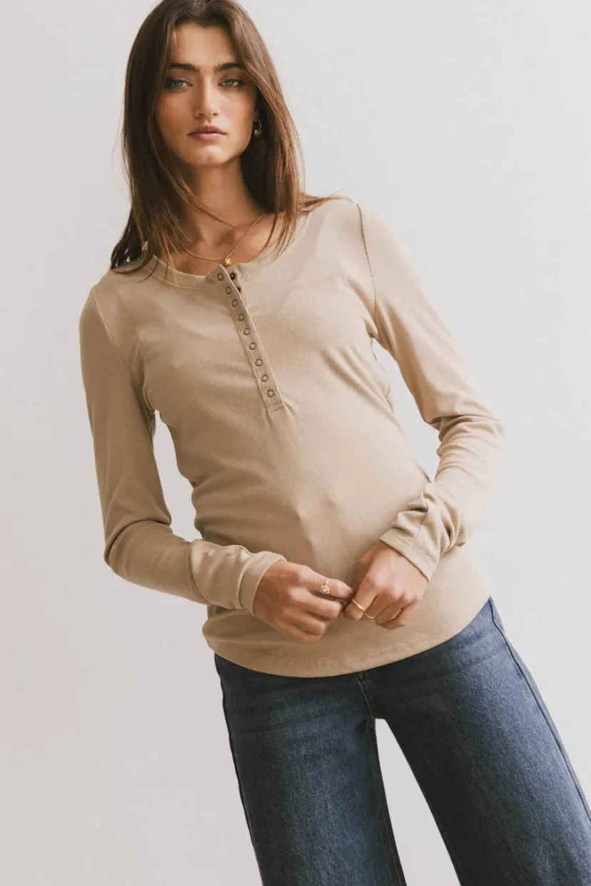 Tops | Essentials>Bohme Ivanna Henley Top in Taupe