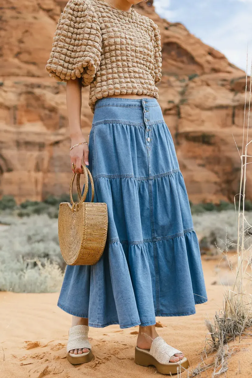 Skirts | All Bottoms>Bohme Joannie Tiered Denim Skirt