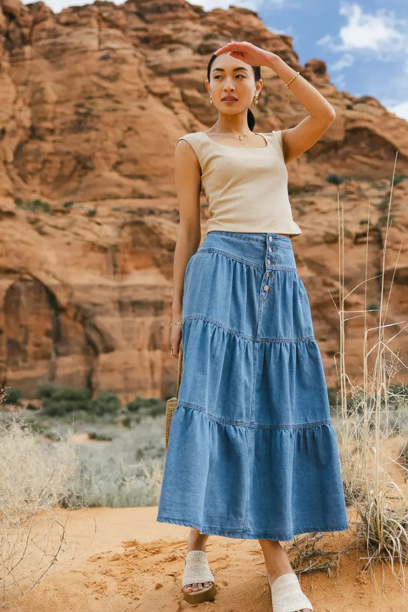 Skirts | All Bottoms>Bohme Joannie Tiered Denim Skirt