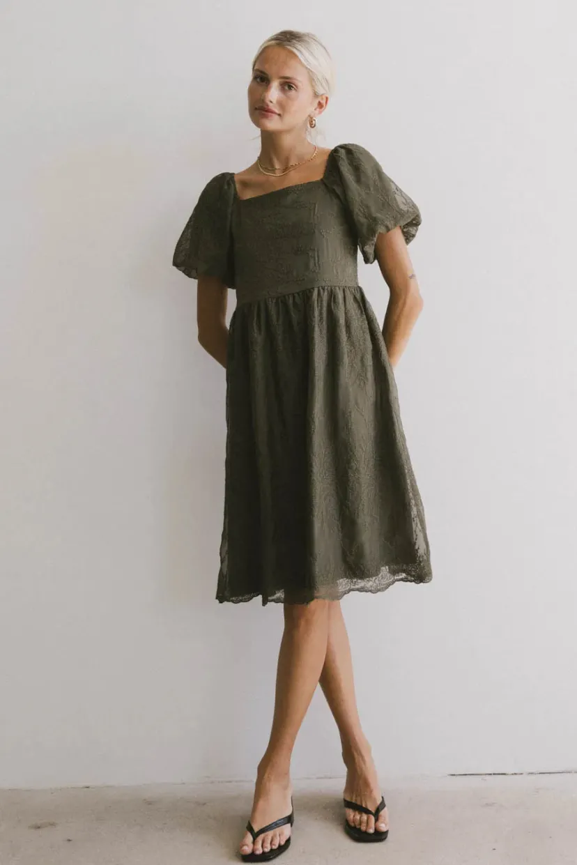 Dresses | Midi Dresses>Bohme Karrie Embroidered Midi Dress in Olive