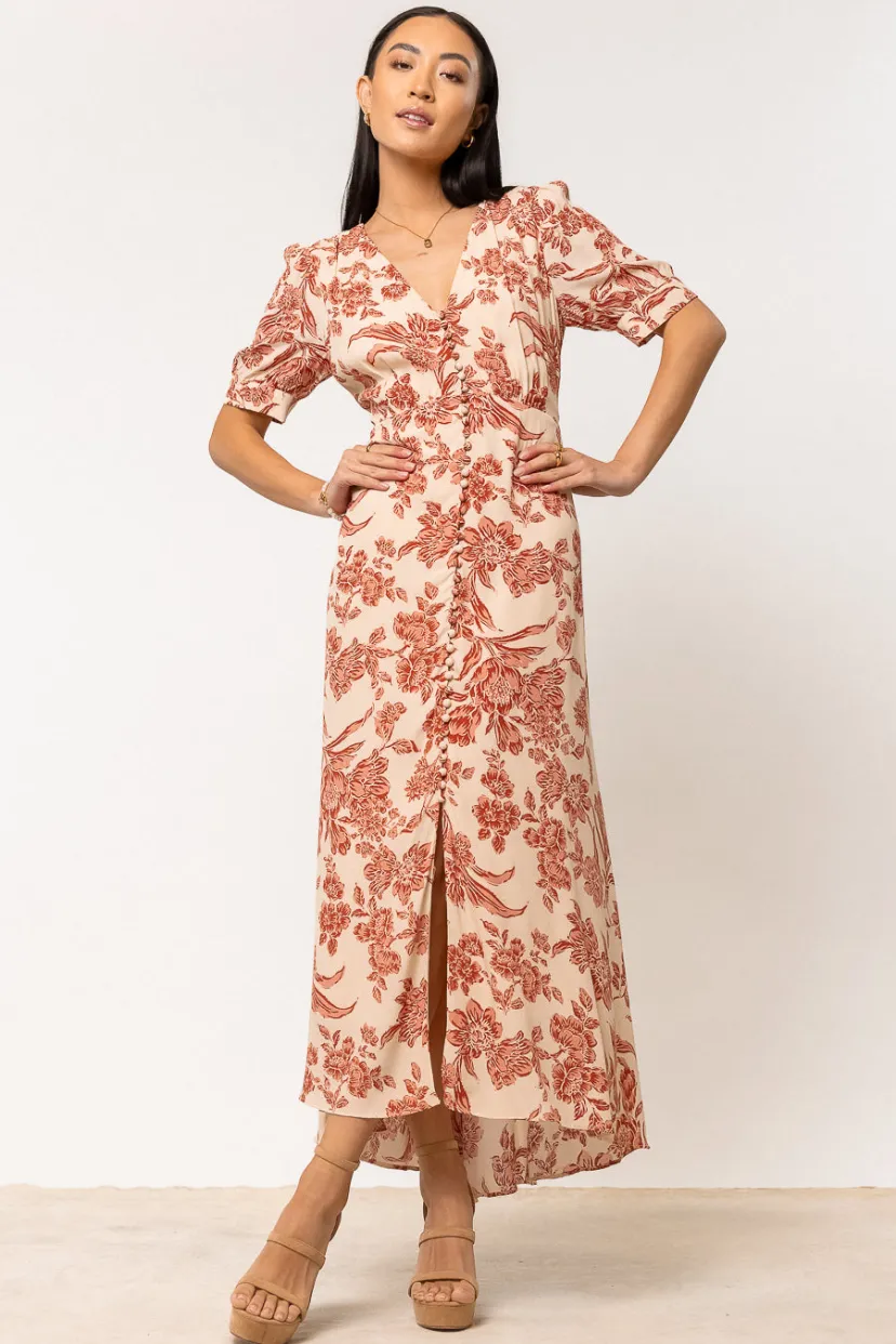 Dresses | Midi Dresses>Bohme Lia Floral Midi Dress in Rust