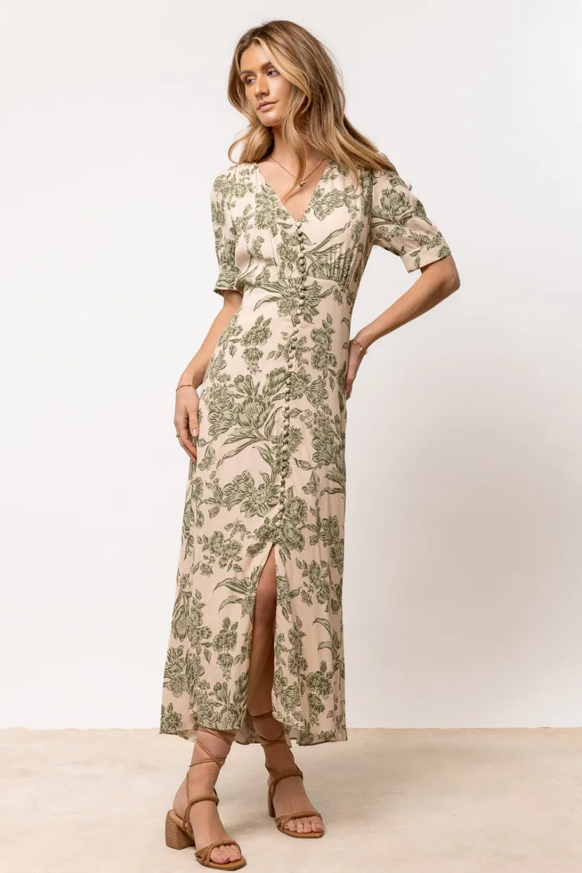 Dresses | Midi Dresses>Bohme Lia Floral Midi Dress in Sage