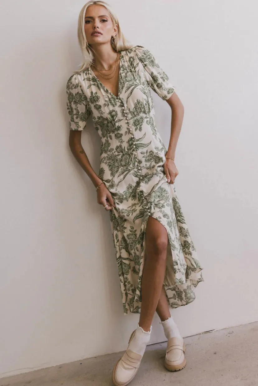 Dresses | Midi Dresses>Bohme Lia Floral Midi Dress in Sage